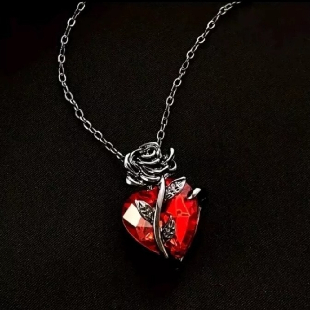 Radiant Red Heart Necklace with Silver Rose